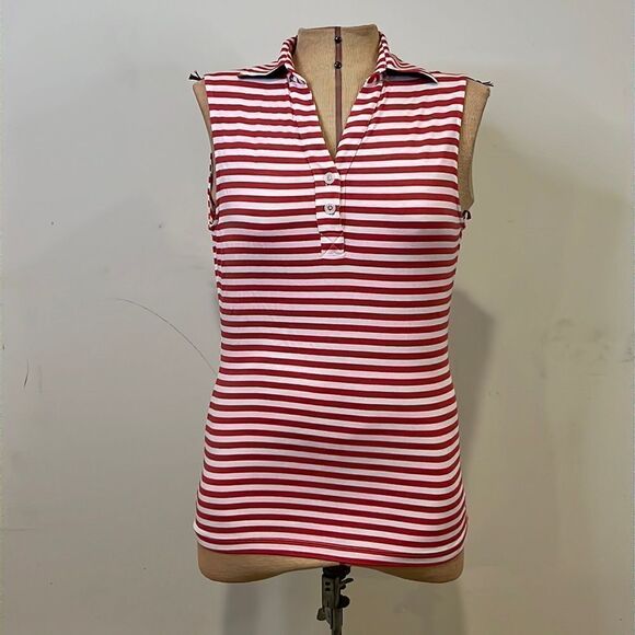 Lizzie Driver Red & White Stripe Sleeveless Polo Cut Top - Size Small - Picture 1 of 10